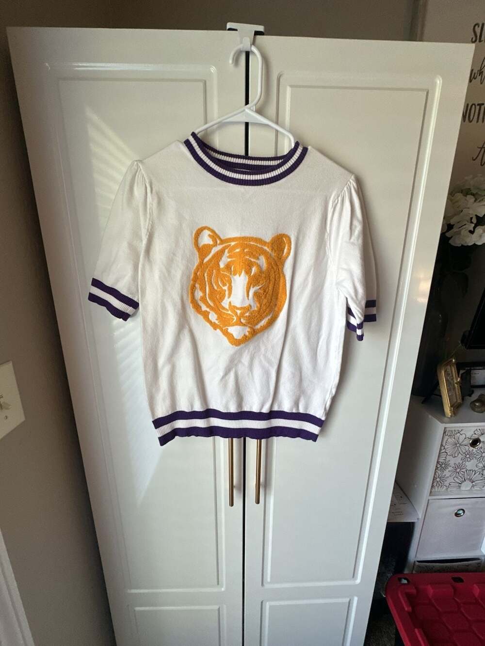 Why Dress Short Sleeve White Sweater With Purple And White Ribbed Trim And Gold